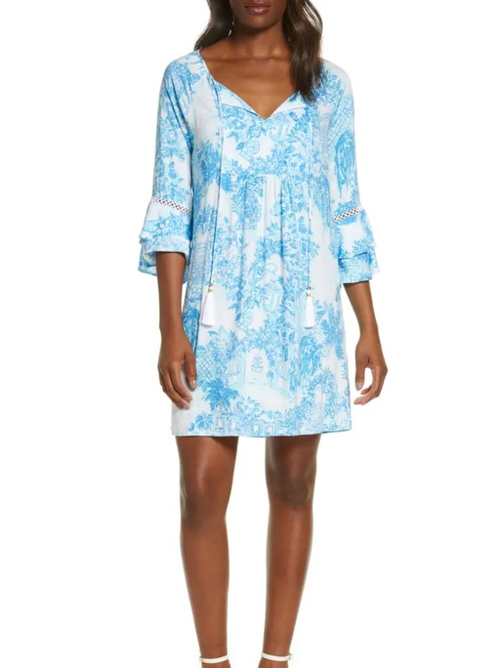 Lilly Pulitzer Azita Tunic dress Blue/white print size S Long bell sleeves
